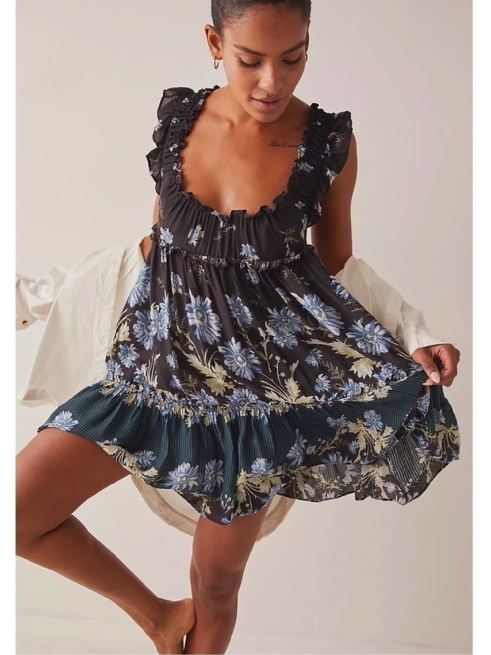 Free People Black Floral Backless Ruffle Dress with Blue and Cream Flowers